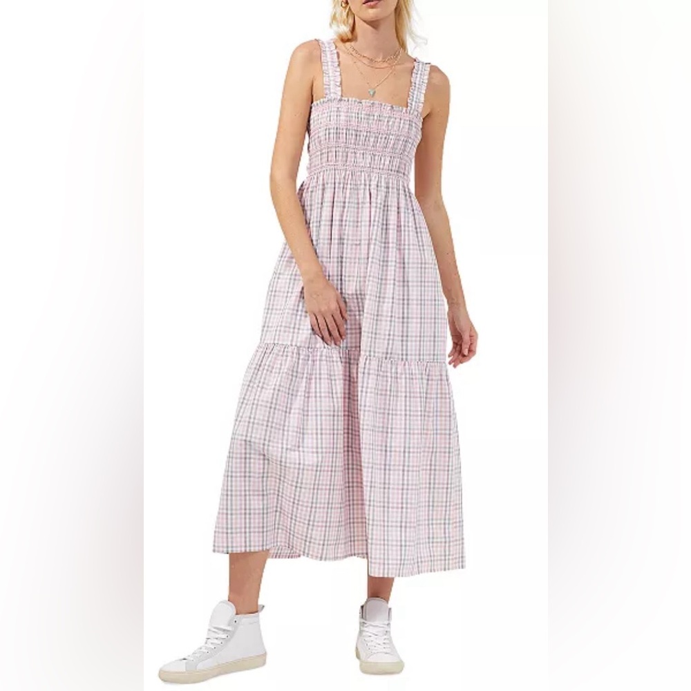 French Connection Square Neck Cotton-Check Print Midi dress